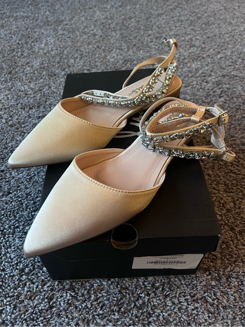 NWT - Lulu's Champagne Satin Pointed Toe Slingback Flats with Crystal Straps